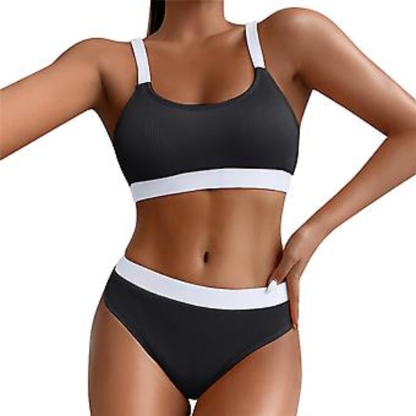Damernas Baddräkt Sommar Färgblock Ribbad Bikini Padderad Baddräkt Strandkläder Baddräkt (S Svart)