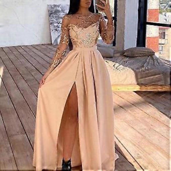 Dammode Festklänning Långärmad Spets Rund Hals Aftonklänning För Semester Födelsedagsoutfit( S)