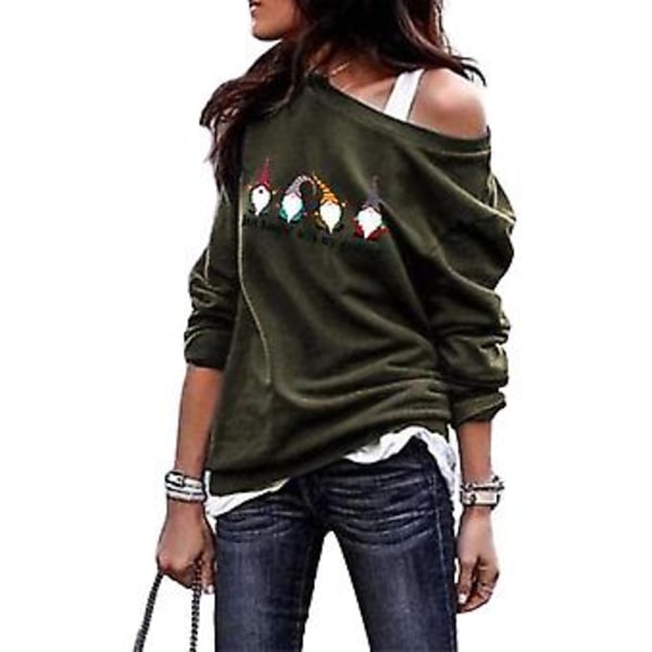 Christmas One Shoulder Tunic Women Long Sleeve T-shirt Xmas Top Blouse S Army Green