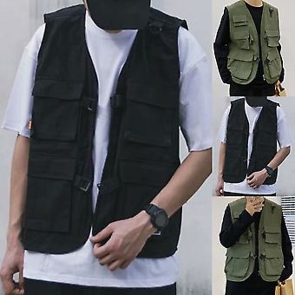 Veste med mange lommer, spænderlukning, solid farve, ærmeløs, tynd, udendørs cargovest til fiskeri (2XL sort)