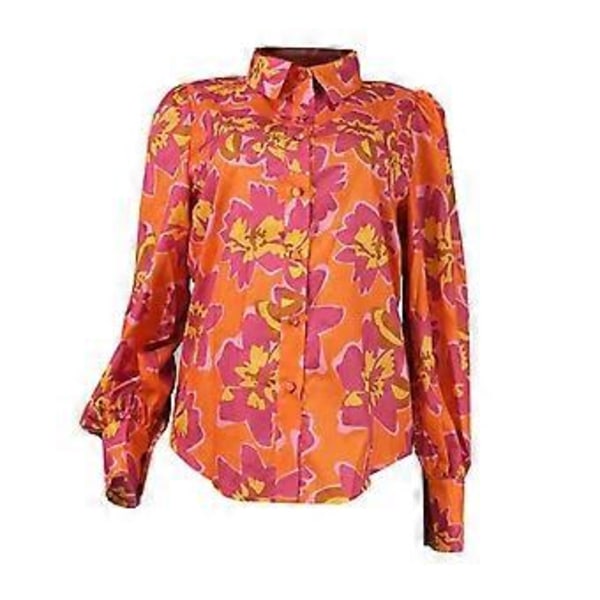 Dame Revers Puff Langærmet Skjorte Toppe Blomsterprint Enkeltknappet Løs Pasform Tynd Bluse Arbejdstøj (S rosarød)
