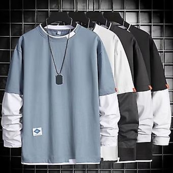 Mænd Forår T-shirt Falsk Todelt Rundhals Langærmet Løstsiddende Trøje Hold Varmt Kontrastfarve Hudvenlig Mænd Top Mænd Tøj (3XL Sort)