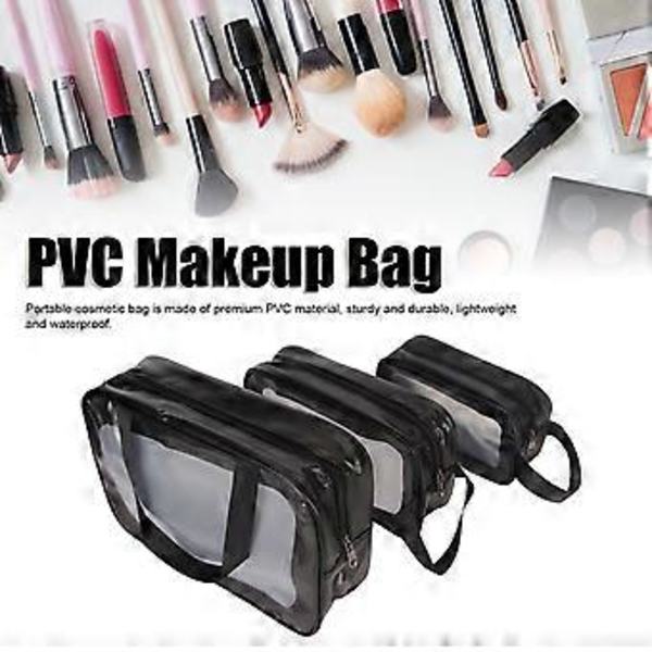 3-pack PVC Sminkväska Multifunktionell Vattentät Lätt Transparent Bärbar Kosmetikväska för Män Kvinnor Svart