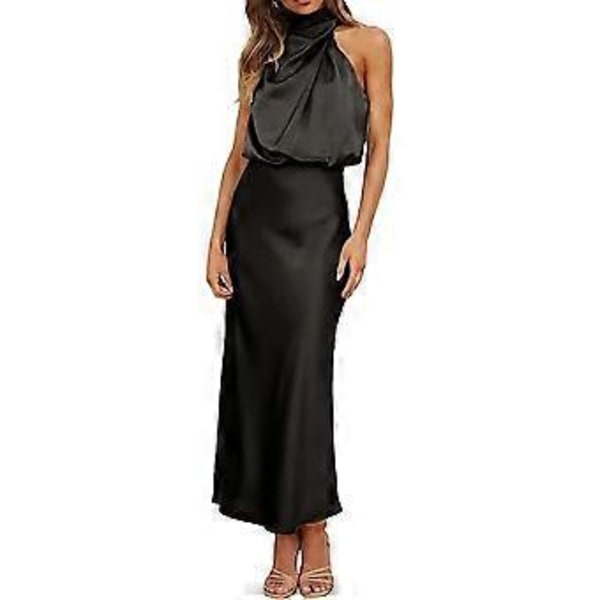 Elegant Dame Ærmeløs Halter Satin Sommer Bryllup Lang Aftenkjole (M)