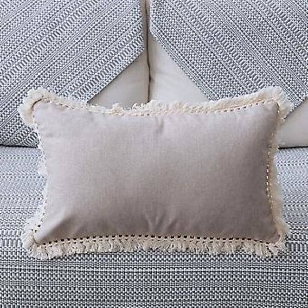 Bondkuddar med fransar i bomullslinne i lantlig stil, dekorativa ryggkuddar, kuddfodral för soffa, sovrum, bil (beige 03, 12\"x20\")