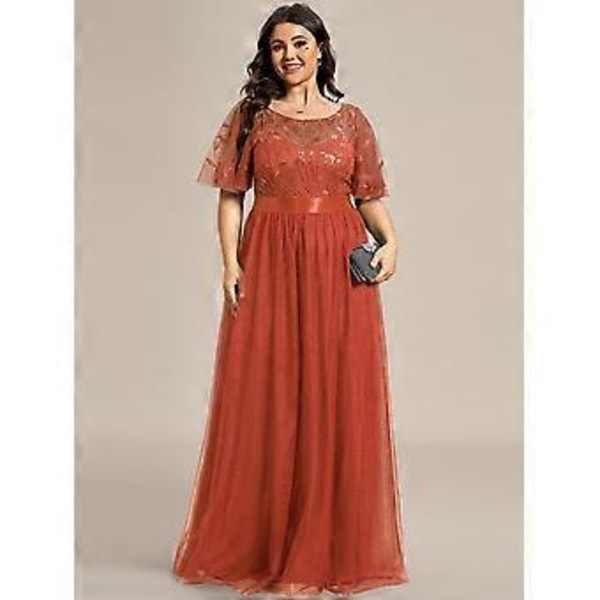 Ever-Pretty Dame Plus Size Sequin Broderi A-Linje Kortærmet Bryllupsgæstekjole (4XL brændt orange)