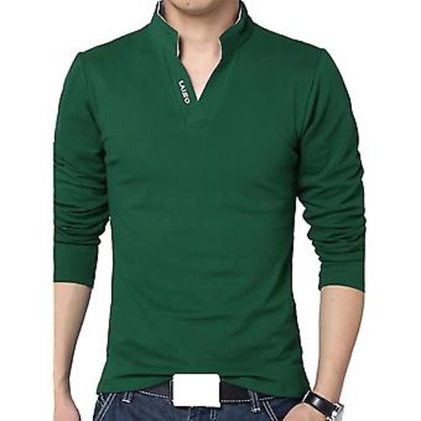 Miesten kevät-syksy T-paita pystykaulus V-kaula pitkähihainen pehmeä slim fit yksivärinen pehmeä hengittävä business-tyyli miesten keskipitkä yläosa (XL Atrovirens)