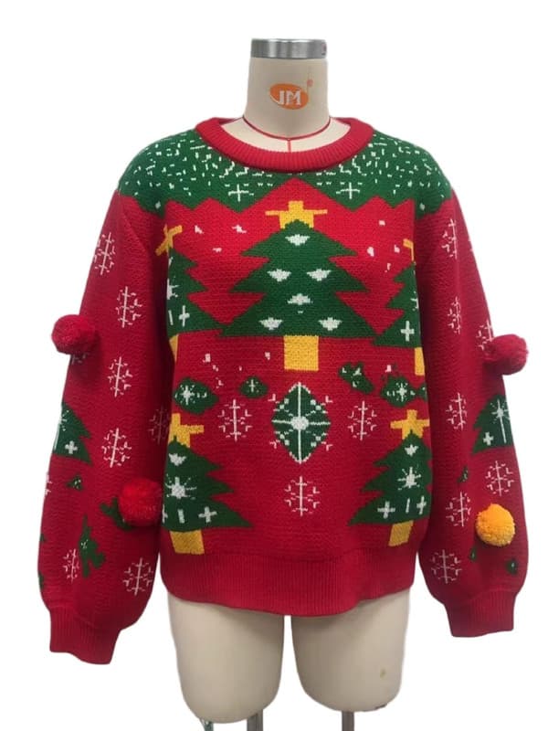 Strikket jule-pullover til kvinder – Rundhalset sweater med 3D farverige pom-pom detaljer M
