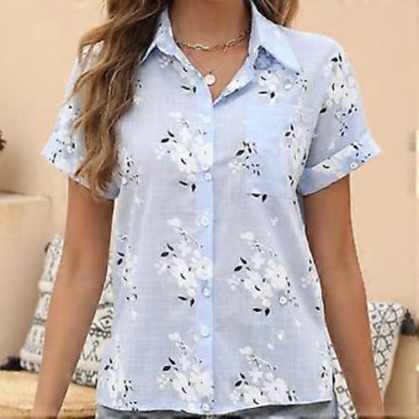 Dame Bomuld Linned Skjorte Turn Down Krave Enkelt Knap Bluse Hvid Gul Blå Toppe Sommer Kortærmet Blomsterprint Skjorter (5XL blå)