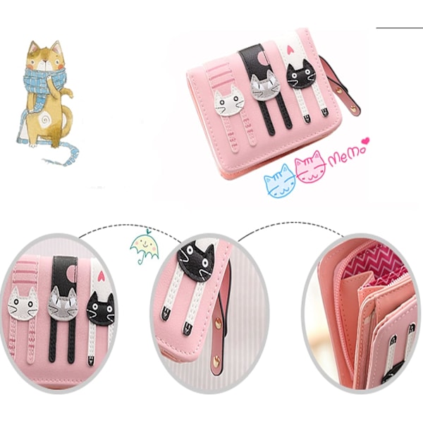 1 st. Rosa Cartoon Cat Girl Myntplånbok, Läder Myntplånbok med Blixtlås