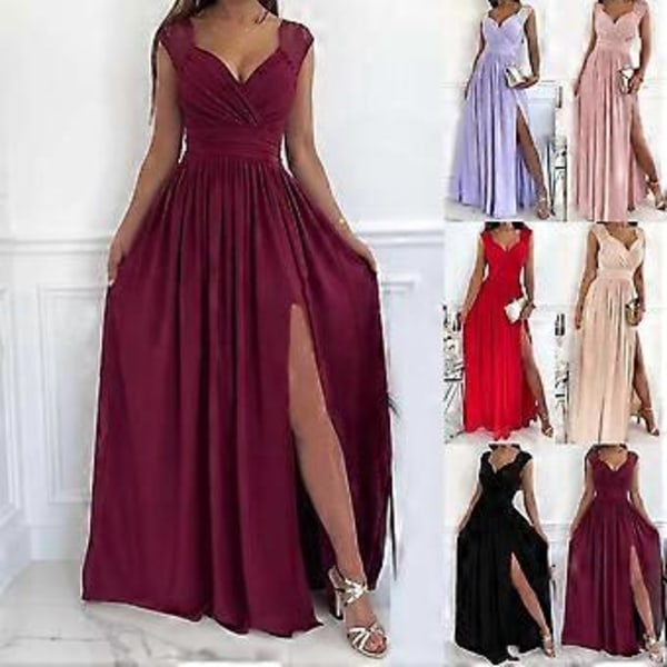 Dame Ensfarvet A-linje Slank V-hals Kjoler Ærmeløs Blonde Patchwork Rygløs Slids Maxi Lang Kjole (XL bordeaux)