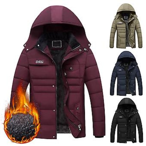 Herrarnas Huvad Kläder Bomull Vadderad Plysch Foder Enfärgad Vindjacka Plus Storlek Kallsäker Huva Jacka Ytterkläder Streetwear (2XL Svart)