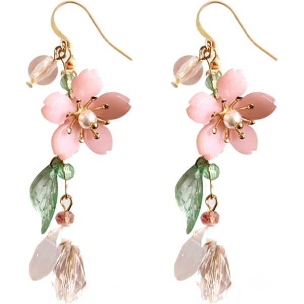 Pink Flower Dangle Earrings for Women Cute Pearl Leaf Sakura Leaf Earrings Fairy Statement Summer Refreshing Seaside Idy