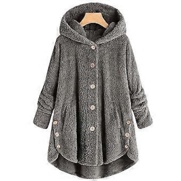 Damjacka Mode Knäppning Fluffig Ull Huvjacka Lös Vinter Värme Plus Storlek (XL Mörkgrå)