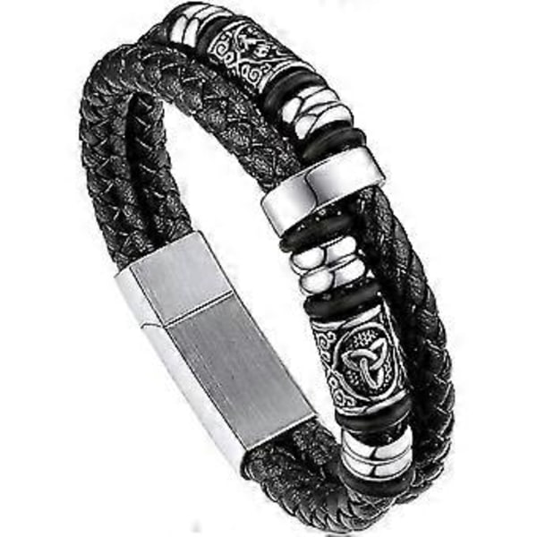 Mænds Dobbelt Række Sort Flettet Læder Armbånd Rustfrit Stål Perler Dobbelt Lag Læder Snøre Armbånd Armbånd Gave Til Mænd, 21cm