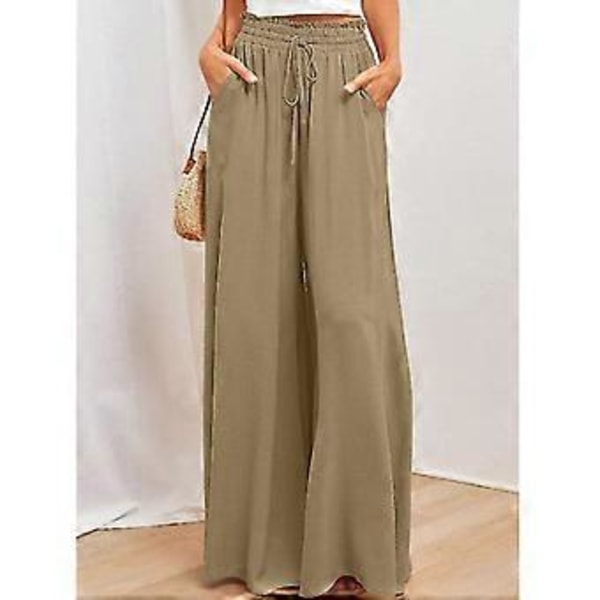 Naisten housut, rento leveälahkeiset palazzo-housut, korkea vyötärö, nyöri, taskut (XL KHAKI)