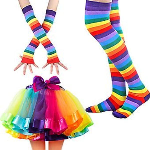 Rainbow-raidallinen juhlapuvun setti, jossa hame, hanskat, sukat, solmio ja henkselit