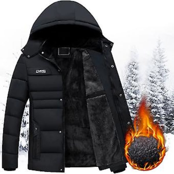 Herrarnas Huvad Kläder Bomull Vadderad Plysch Foder Enfärgad Vindjacka Plus Storlek Kallsäker Huva Jacka Ytterkläder Streetwear (2XL Svart)