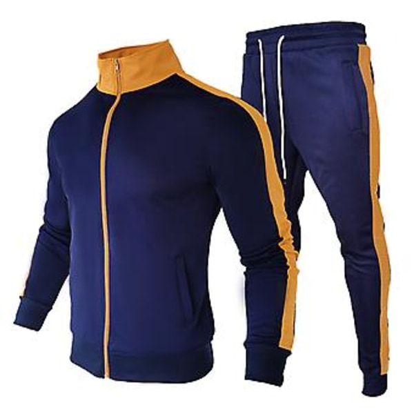 2 osaa/setti: Pysäytyskaulus, pitkähihainen, monitaskullinen vetoketjullinen takki ja housut, miesten syksyinen raidallinen ja laikuttu slim-tracksuit-asu (3XL keltainen)