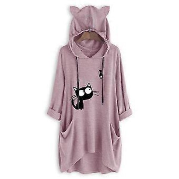 Strikket langærmet pullover hættetrøje midilængde irregulær moderigtig dame sweatshirt (XXL Pink)