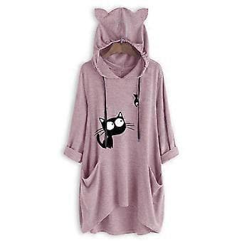 Strikket trykt langærmet pullover hættetrøje midilængde irregulær moderigtig dame sweatshirt (M Pink)