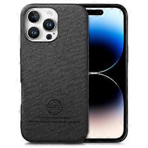 Til iPhone 14 Pro Cover Klæde Tekstur Læder+PC+TPU Anti-Drop Telefon Cover - Sort (Sort)
