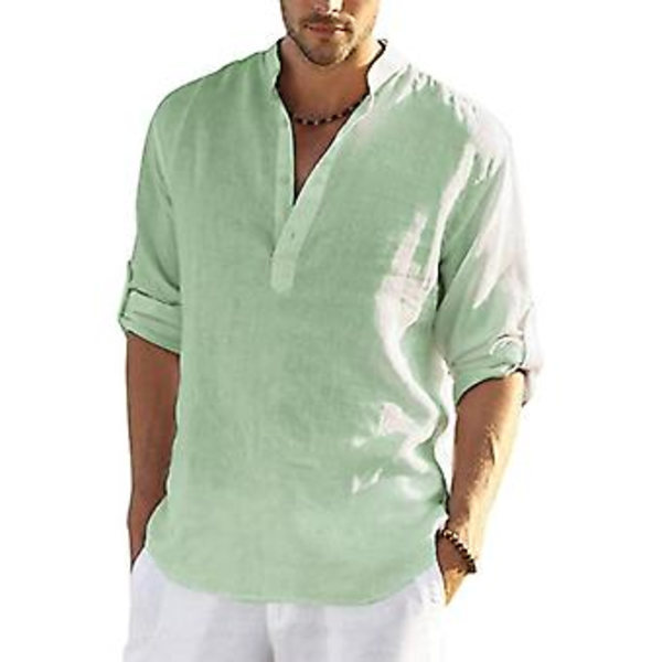 Ny Mænds Afslappet Blouse Bomuld Linned Skjorte Løse Toppe Langærmet T-shirt Forår Efterår Afslappet Handsome Mænds Skjorter L 70-80 KG Grå