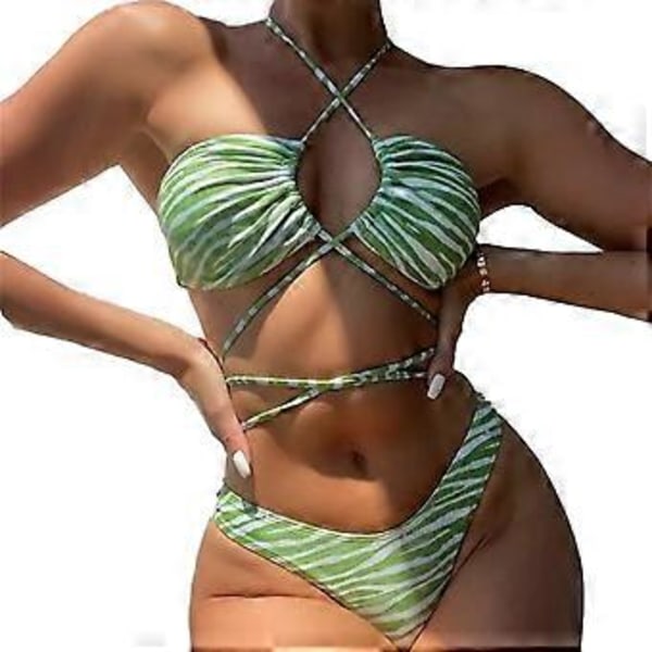 Naisten seksikkäät olkaimet Halter Cross Front High Cut String 2-osainen bikinisetti uimapuku (S Vihreä)