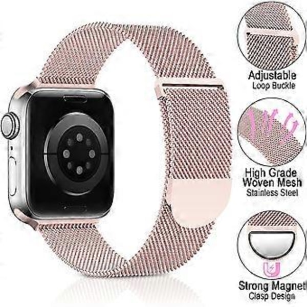 Metalbånd i rustfrit stål kompatibelt med Apple Watch-bånd 38 mm 40 mm 41 mm 42 mm 44 mm 45 mm, Rosaguld Loop Justerbar rem Magnetisk armbånd til iWat