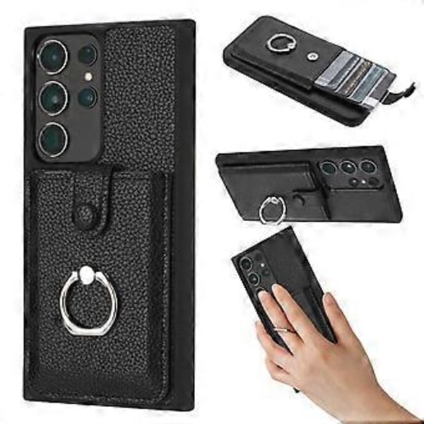 Samsung Galaxy S23 Ultra -kotelo, korttipaikat, nahkainen takakansi ja rengastuki (tyyli E)