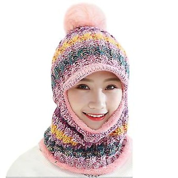 Women Thick Wool Winter Knitted Hats Neck Warmer Scarf Knitted Woollen Caps( Pink)