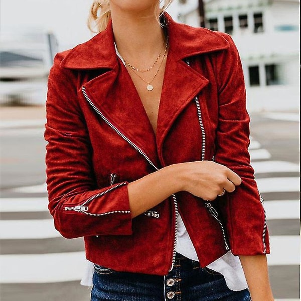 Ladies Full Zip Biker Coat Open Front Holiday Jacket Moto Outwear Red M
