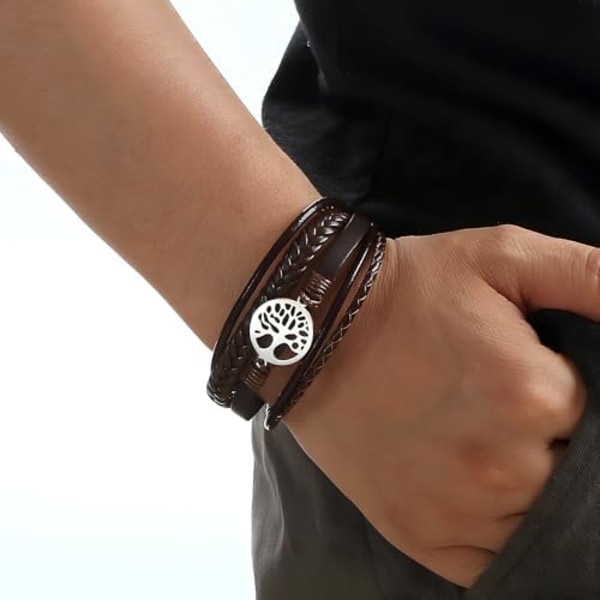 Livets Træ Læderarmbånd til Mænd, Multi-Layer Flettet Religiøse Boho Damearmbånd med Rustfrit Stål Lås