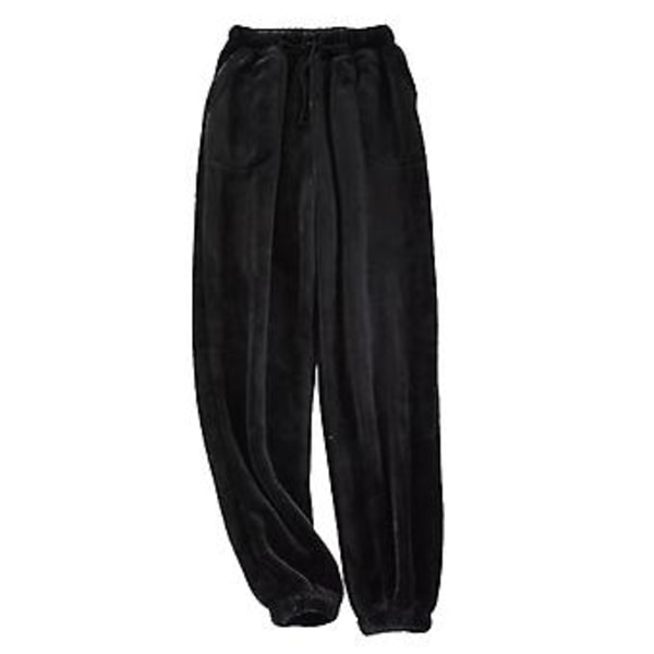 Män Byxor Pyjamas Raka Ankelbandade Enfärgad Fleece Tjock Kallsäker Snörning Fickor Män Byxor Hemkläder (2XL Svart)