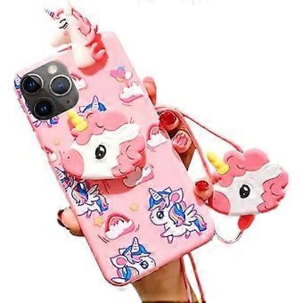 Yksisarvisen puhelinote iPhone 12 Pro Max 6.7:lle, narulla, 3D-piirros, söpö joustava teline, suojakotelo, iPhone 12 Pro Max -kotelo, kawaii, muodikka
