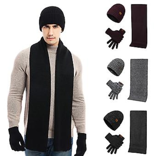 Fleecefôret Beanie-lue med berøringsskjermhansker, rutete skjerf og hansker for menn (grå)