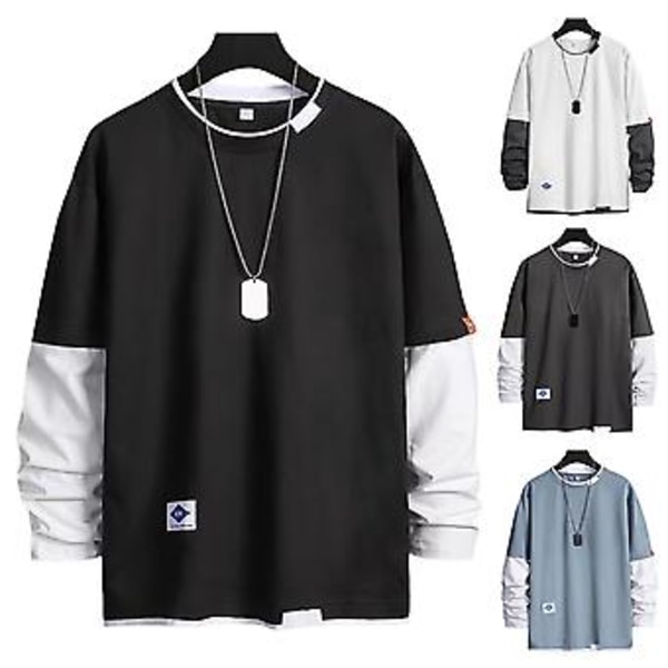 Mænd Forår T-shirt Falsk Todelt Rundhals Langærmet Løstsiddende Trøje Hold Varmt Kontrastfarve Hudvenlig Mænd Top Mænd Tøj (3XL Sort)
