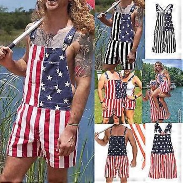 Amerikanska Flaggan Overaller Denim Bib Shorts Justerbara Remmar Jeans Shorts Rompers med Fickor (5XL Flerfärgad)
