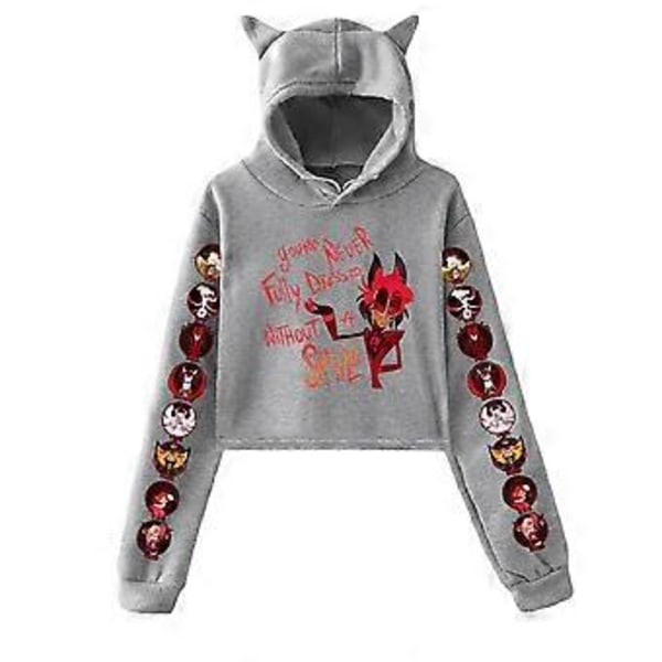 Korta Hoodies Dam Hazbin Hotel Dam Sweatshirt Träningsdräkt Långärmad Kvinnlig Cropped Top Mode Koreanska Kläder Harajuku(XL grå)