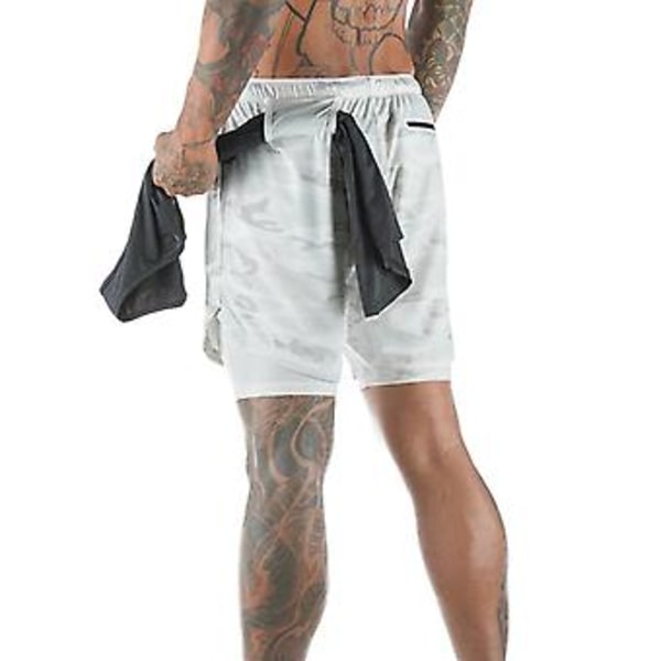 Miesten Juoksushortsi Rento Ulkoilu Löysä Monitaskuinen Kaksinkertainen Fitness-shortsi Fitnessille (XL 09 Valkoinen Camouflage)