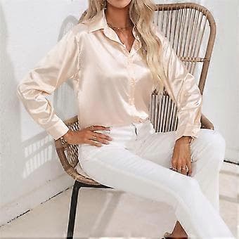 Forår Efterår Satin Bluse Imitation Silke Langærmet Skjorte til Dame Plus Size Løse Toppe (M champagne)