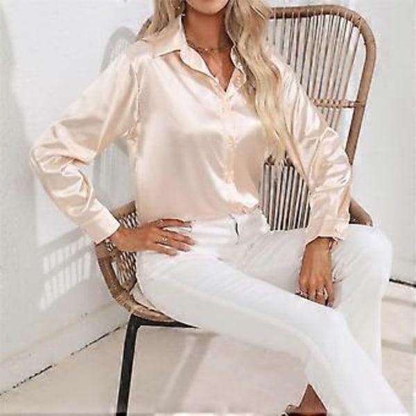 Vår Høst Sateng Bluse Imitert Silke Langermet Skjorte for Dame Plus Size Løse Topper (XXL champagne)