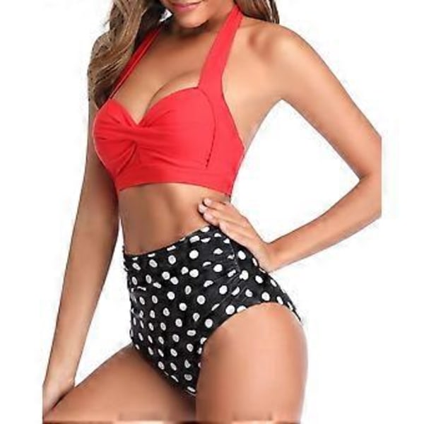 Naisten Vintage Collect Bikini Uimapuku Röyhelöinen Korkea Vyötäröinen Kaksiosainen Setti Nauhoituksella Röyhelö Bikini Housut Pari 3/4 Uimapuvun Kanssa (X-Large Red Dot)