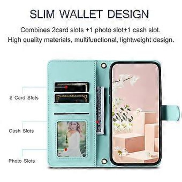 Läderfodral till iPhone 14 Rombmönstrat Plånboksfodral (Mintgrön)