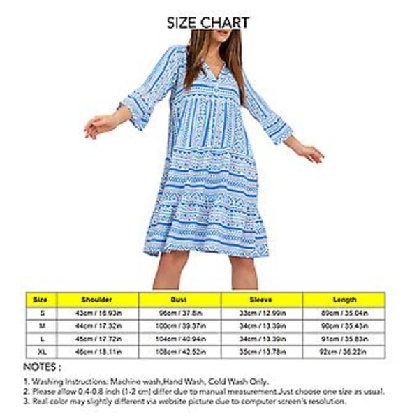 V-hals Lang Kjole til Kvinder 3/4 Ærme Åndbar Mode Løstsiddende Kant Print Kjole til Daglig Casual Fest (Lyseblå)