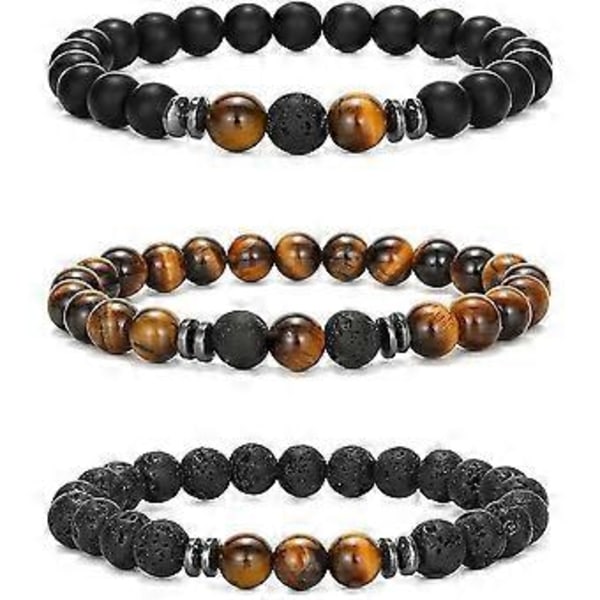 Fars Dag Frosted Vulkansk Sten Grøn tigerøje 3 Stykker 8mm Perlearmbånd til Mænd Kvinder Natursten Armbånd Mala Agat Yoga Elastik Armbånd