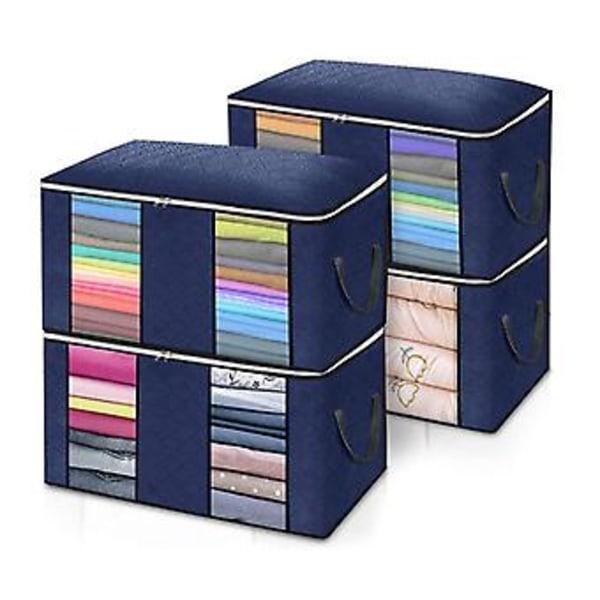 4-pack Blå Förvaringsväska för Kläder, 60 * 40 * 35 cm Stor Förvaringsväska för Under Sängen, Stor Kapacitet, Vikbar, för Täcke Kläder Kudde, med Fönster och Förstärkning