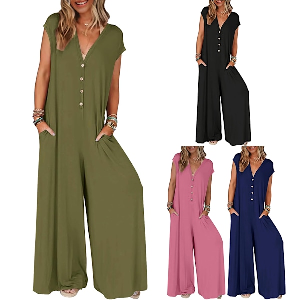 Kvinnors 2024 Sommar Ärmlös Jumpsuits Djup V-hals Knapp Onesie Bred Ben Byxor Rompers 2XL Grön