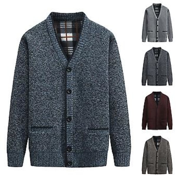 V-Hals Lomme Sweaterjakke Efterår Vinter Fleeceforet Ensfarvet Cardigan Sweater Yderbeklædning (3XL Mørkegrå)