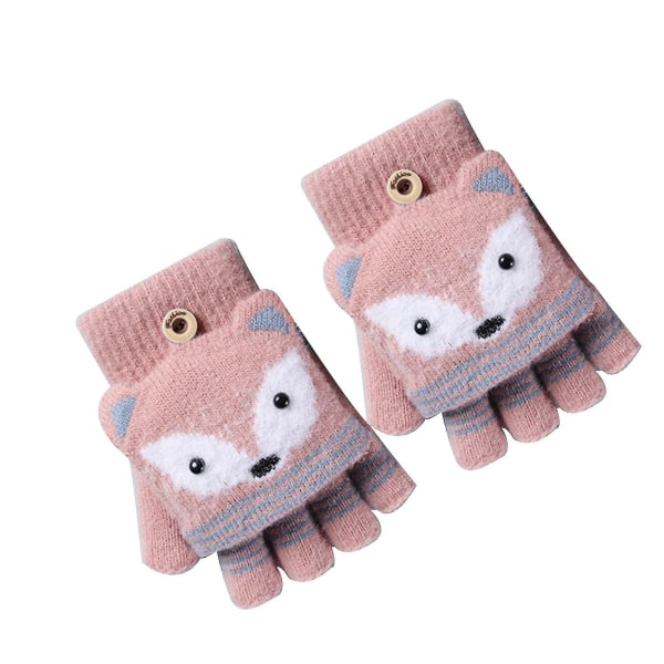 Baby Toddler Cartoon Knit Gloves Unisex Children Soft Winter Warm Half Finger Mittens For Kids Boys Girls Fingerless Gloves Pink